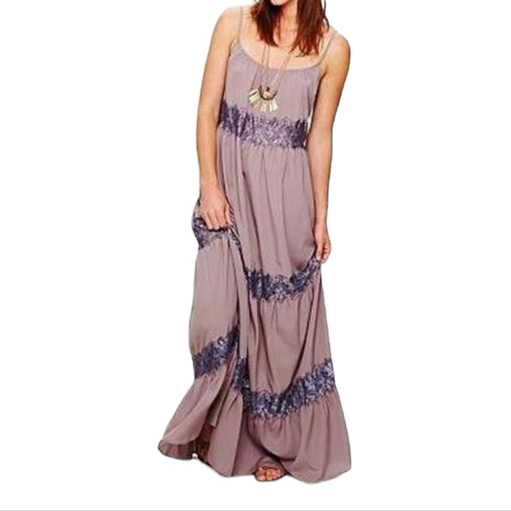Free People Grey & Purple Tiered Maxi Dress With Lace Small